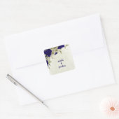 Royal blauw beige bloemenbruiloft vierkante sticker (Envelop)