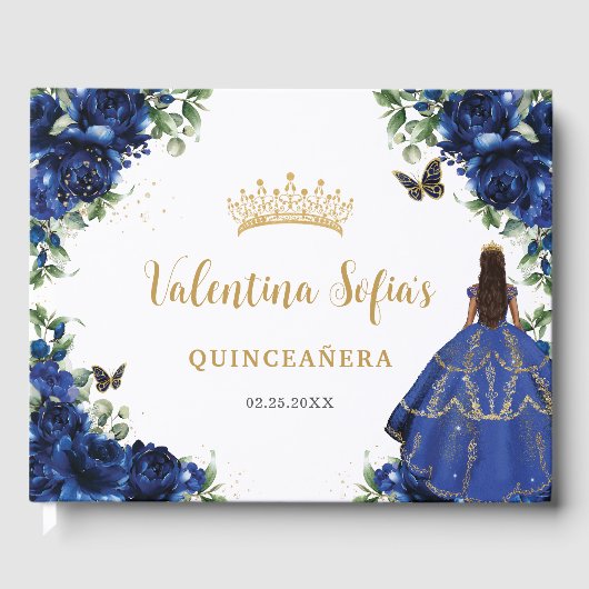 Royal Blauw Bloemen Goud Prinses Jurk Quinceanera Gastenboek (Voorkant)