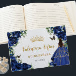 Royal Blauw Bloemen Goud Prinses Jurk Quinceanera Gastenboek<br><div class="desc">Coördineer uw feest met dit elegante gepersonaliseerde Royal Blue Floral Guest Book! Personaliseer het gemakkelijk en snel, klik op de knop verder aanpassen om de teksten te bewerken, lettertypen en lettertypekleuren te wijzigen. Met prachtige waterverf koningsblauwe bloemen en een meisje gekleed in een gouden geborduurde koningsblauwe baljurk. Overeenkomende objecten beschikbaar...</div>