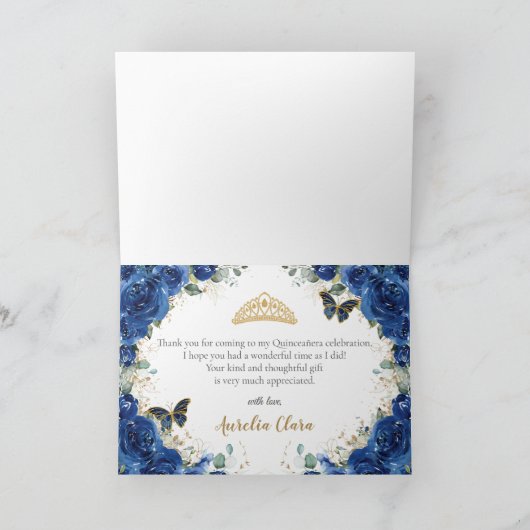 Royal Blauw Bloemen Goud Quinceanera Prinses Jurk Bedankkaart (Binnen)