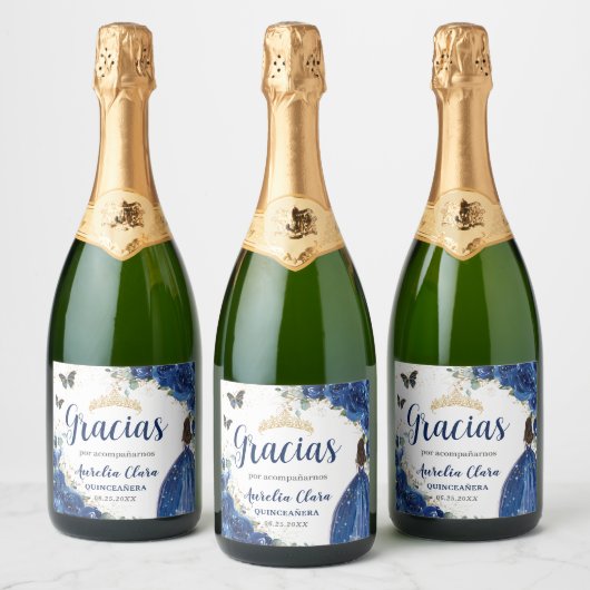 Royal Blauw Bloemen Prinses Jurk Goud Quinceañera Sparkling Wijnetiket (Flessen)