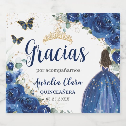 Royal Blauw Bloemen Prinses Jurk Goud Quinceañera Sparkling Wijnetiket (Enkel label)