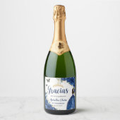 Royal Blauw Bloemen Prinses Jurk Goud Quinceañera Sparkling Wijnetiket (Voorkant)