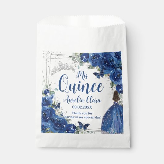 Royal Blauw Bloemen Prinses Zilver Quinceañera Bedankzakje (Voorkant)