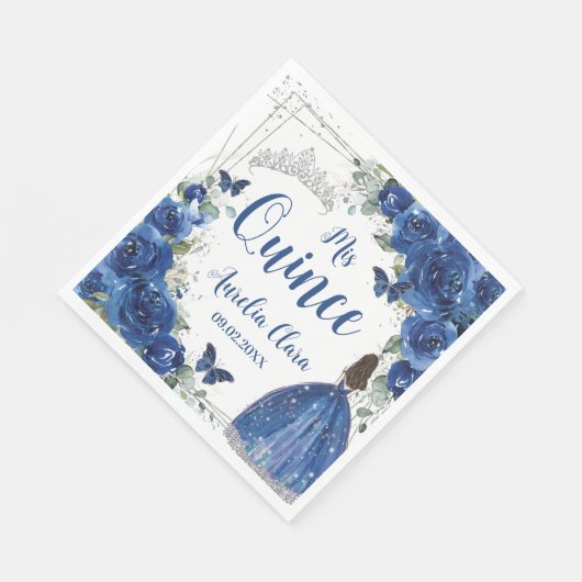 Royal Blauw Bloemen Prinses Zilver Quinceañera Servet (Hoek)