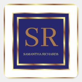 Royal blauw en goud monogram geometrisch vierkante sticker