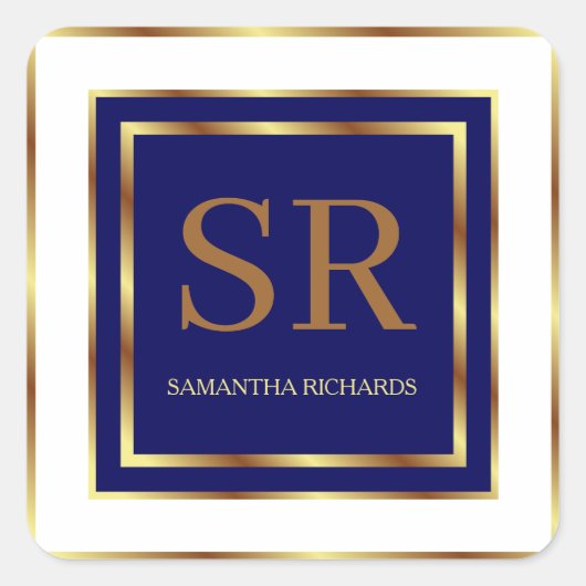 Royal blauw en goud monogram geometrisch vierkante sticker (Voorkant)