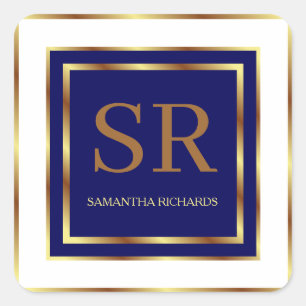 Royal blauw en goud monogram geometrisch vierkante sticker