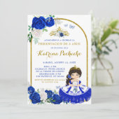 Royal Blauw en Goud Presentacinón De Tres Años Kaart (Staand voorkant)