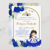 Royal Blauw en Goud Presentacinón De Tres Años Kaart (Voorkant / Achterkant)