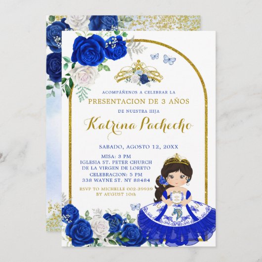 Royal Blauw en Goud Presentacinón De Tres Años Kaart (Voorkant / Achterkant)