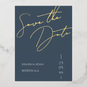 Royal Blauw en Goud Script Bruiloft Save the Date Folie Uitnodiging Briefkaart (Voorkant)