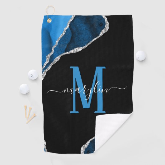 ROYAL BLAUW EN SILVER AGATE MONOGRAM GOLFHANDDOEK (Insitu)