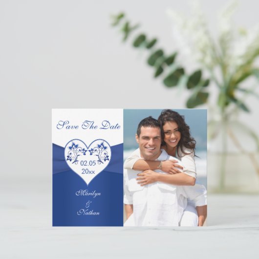 Royal Blauw en Wit Bewaar de datum Fotokaart Aankondigingskaart (Staand voorkant)