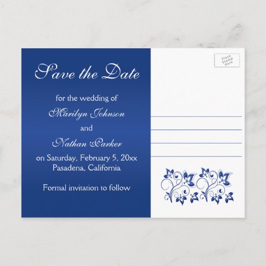 Royal Blauw en Wit Bewaar de datum Fotokaart Aankondigingskaart (Achterkant)