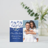 Royal Blauw en Wit Bewaar de datum Fotokaart Aankondigingskaart (Staand voorkant)
