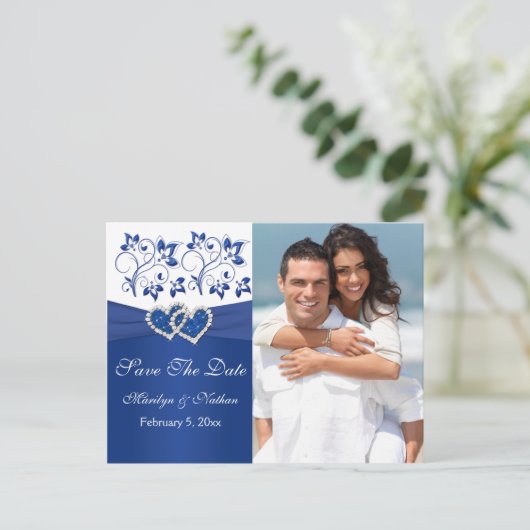 Royal Blauw en Wit Bewaar de datum Fotokaart Aankondigingskaart (Staand voorkant)