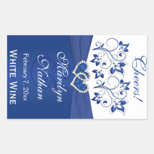 Royal Blauw en Wit Bloemen Bruiloft Fles Sticker