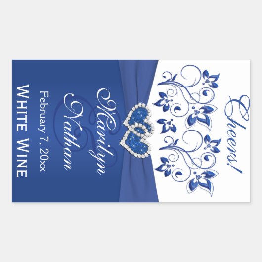 Royal Blauw en Wit Bloemen Bruiloft Fles Sticker (Voorkant)