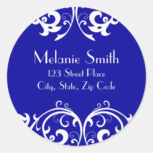 Royal Blauw en wit Damask Adreslabel Ronde Sticker (Voorkant)