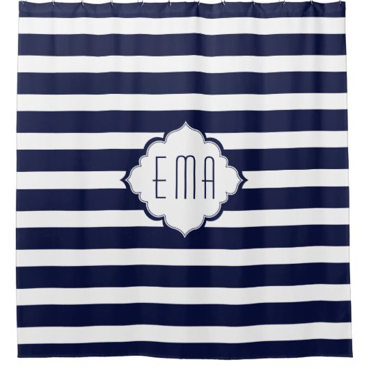Royal blauw en wit geometrische strepen douchegordijn (Voorkant)