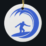 Royal Blauw en Wit Surfen Keramisch Ornament<br><div class="desc">Cool Royal Blue surfer silhouet rijden op een golf op een surfplank. Geweldig cadeau voor iedereen van professionele surfers aan iedereen die gewoon houdt van surven als een hobby. Afbeeldingen die op dit item worden gebruikt,  zijn gelicentieerd en © Graphics Factory.com</div>