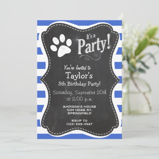 Royal blauw en witte strepen; Paw Print Kaart (Staand voorkant)