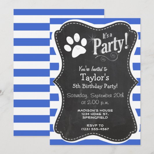 Royal blauw en witte strepen; Paw Print Kaart (Voorkant / Achterkant)