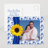 Royal Blauw Geel Damast Zonnebloem Save the Date Aankondigingskaart (Voorkant / Achterkant)