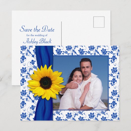 Royal Blauw Geel Damast Zonnebloem Save the Date Aankondigingskaart (Voorkant / Achterkant)