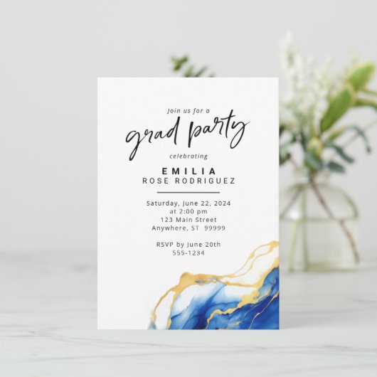 Royal Blauw Geel Goud Afstudeerder Feestuitnodigin Informatiekaartje (Staand voorkant)