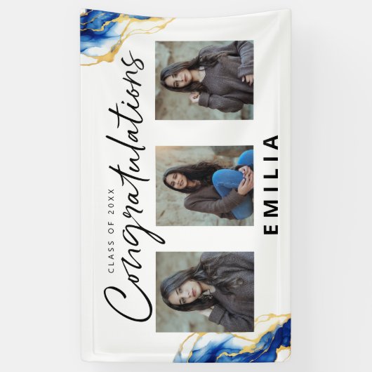 Royal blauw geel goud elegante foto Afstuderen Spandoek (Verticaal)