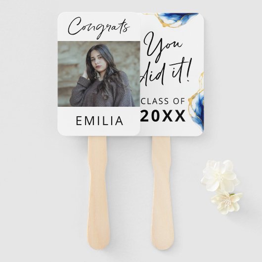 Royal Blauw Geel Goud "Je hebt het gedaan" Afstude Handwaaier (Voorkant en achterkant)