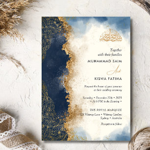 Royal blauw glitter goud Bismillah Nikah uitnodigi Kaart