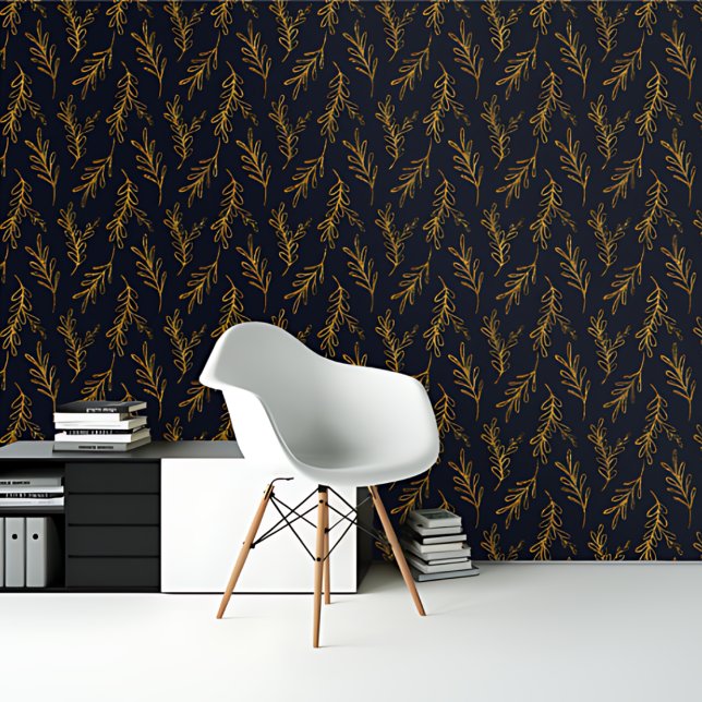 Royal Blauw Goud bladeren Botanische Patroon Behang (Creator heeft geüpload)