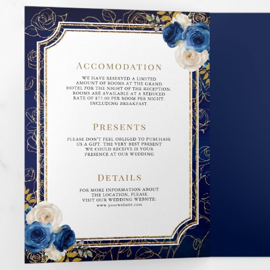 Royal Blauw Goud Bloemen Alles in Een Kreeft Huwel Drieluik Uitnodiging (Binnenzijde eerst)