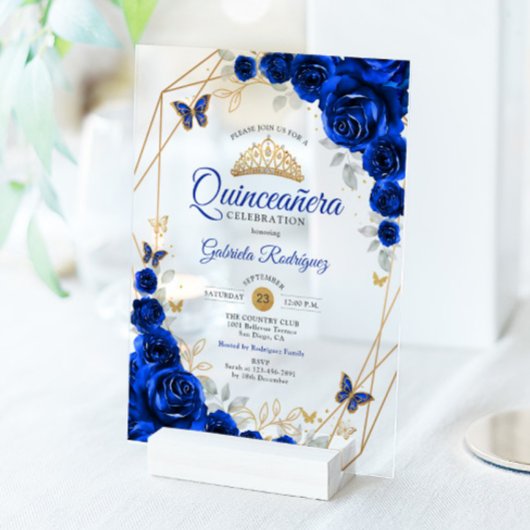 Royal Blauw Goud Bloemen Quinceanera Acryl Uitnodigingen