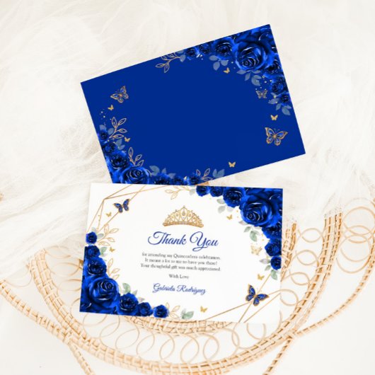 Royal Blauw Goud Bloemen Quinceanera Bedankkaart