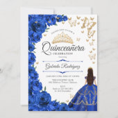 Royal Blauw Goud Bloemen Quinceanera Kaart (Voorkant)