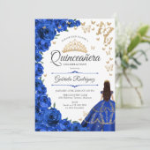 Royal Blauw Goud Bloemen Quinceanera Kaart (Staand voorkant)