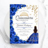 Royal Blauw Goud Bloemen Quinceanera Kaart