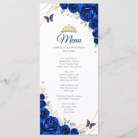 Royal Blauw Goud Bloemen Quinceanera Menu (Voorkant)