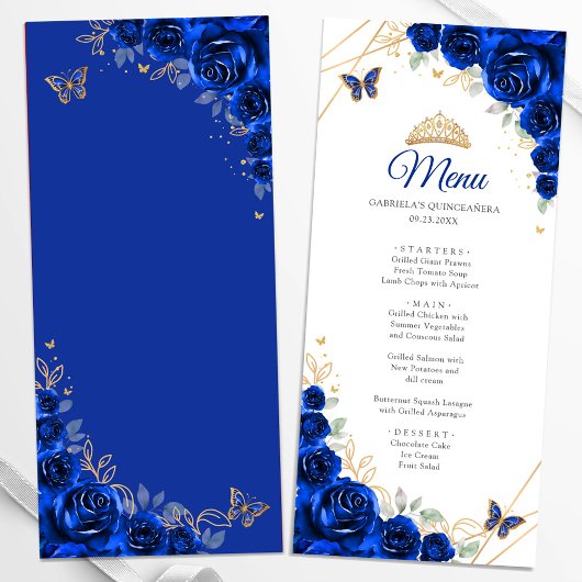 Royal Blauw Goud Bloemen Quinceanera Menu