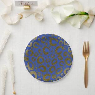Royal Blauw & Goud Glam Luipaard Print Party Papieren Bordje