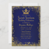 Royal Blauw & Goud Glitter Kroon Sweet 16 Party Kaart (Voorkant)