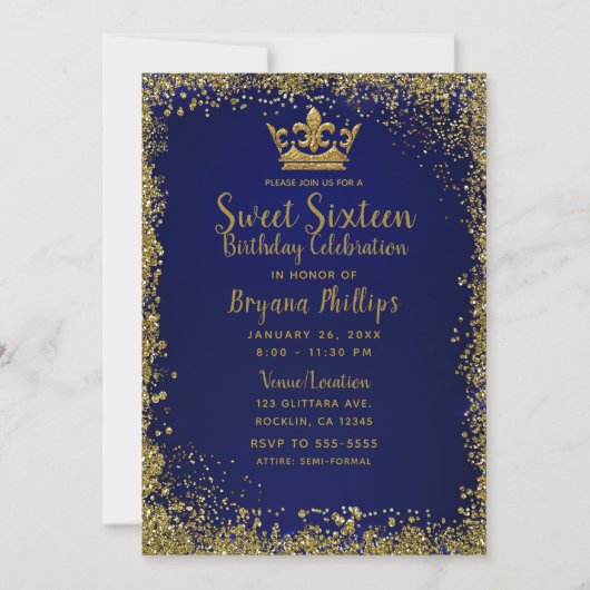 Royal Blauw & Goud Glitter Kroon Sweet 16 Party Kaart (Voorkant)