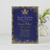 Royal Blauw & Goud Glitter Kroon Sweet 16 Party Kaart (Staand voorkant)