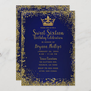 Royal Blauw & Goud Glitter Kroon Sweet 16 Party Kaart