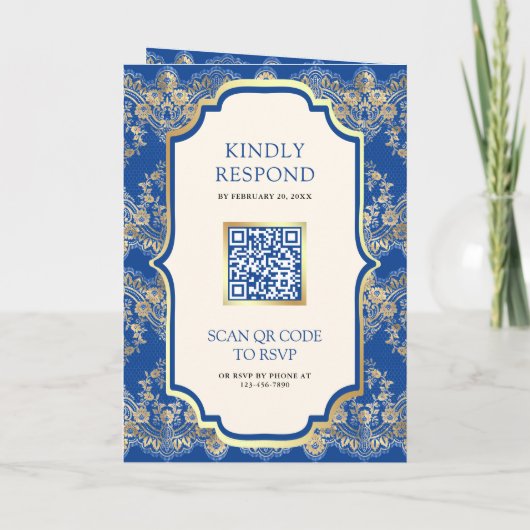 Royal Blauw Goud Kant QR Code Foto Indiase bruilof (Achterkant)
