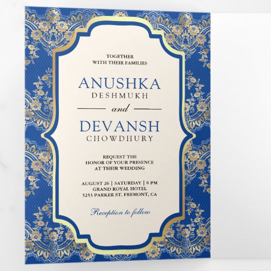 Royal Blauw Goud Kant QR Code Foto Indiase bruilof Drieluik Uitnodiging (Binnenzijde eerst)